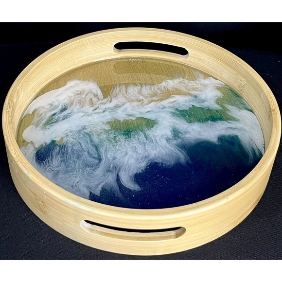 Ocean Resin Art in 10” Bamboo tray, Original Art - Picture 4 of 10